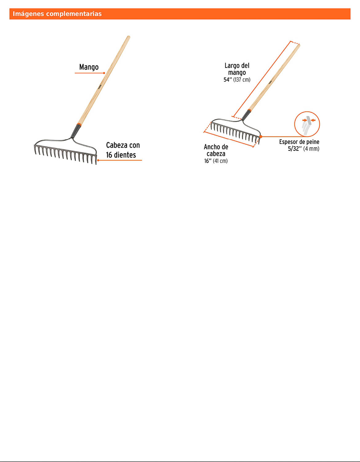 Rastrillo jardinero Classic de 16 dientes con mango de 54 pulgadas