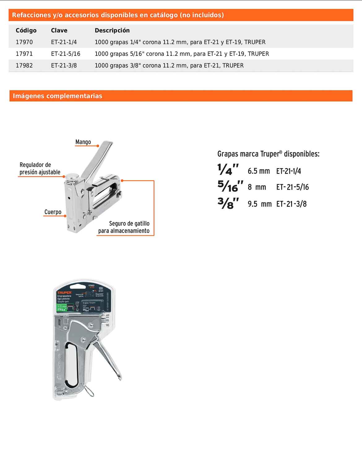 Engrapadora tipo pistola para grapas de 1/4 5/16 y 3/8 con regulador de presión y seguro de gatillo