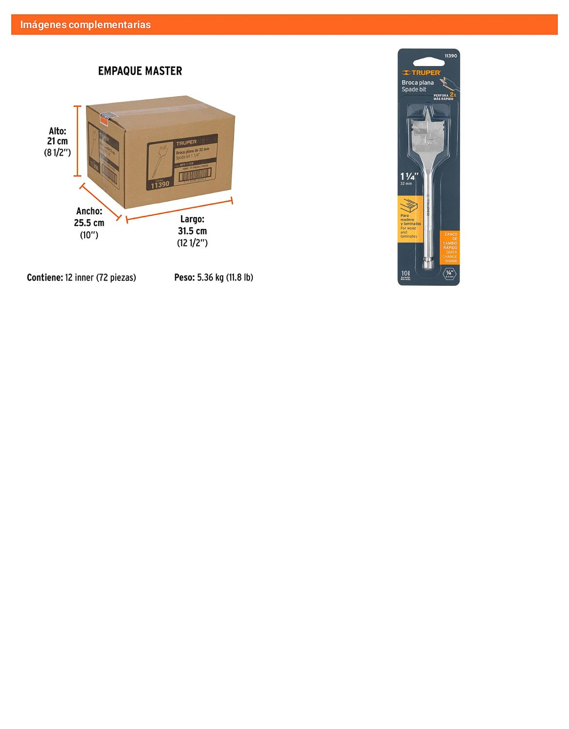 Broca plana de manita 1-1/4" para madera
