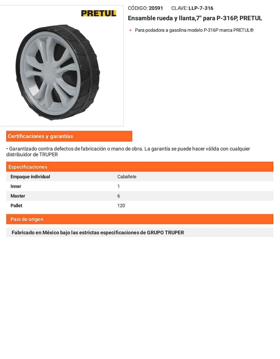 Ensamble rueda y llanta7 para P-316P para podadora