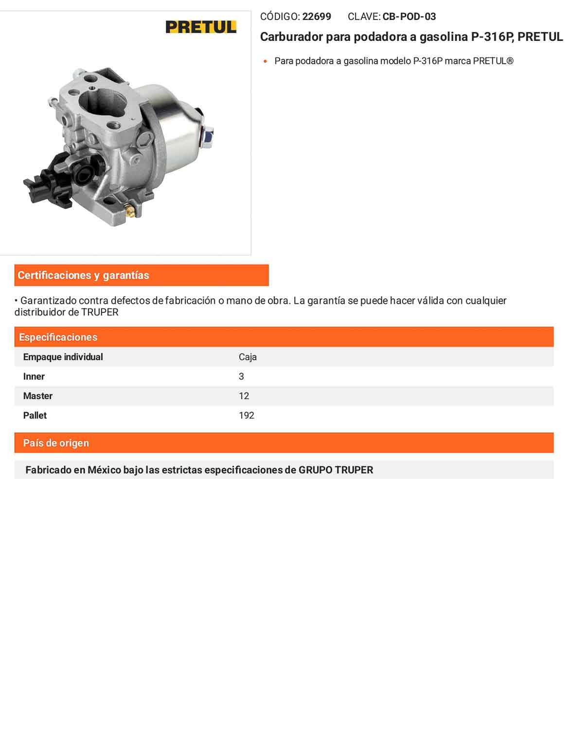 Carburador para podadora a gasolina P-316P para podadora