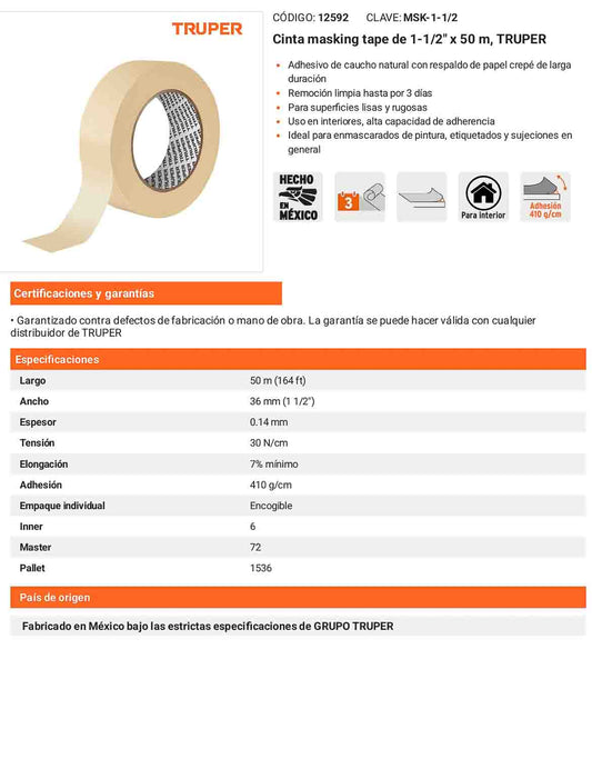 Cinta masking tape de 1-12 x 50