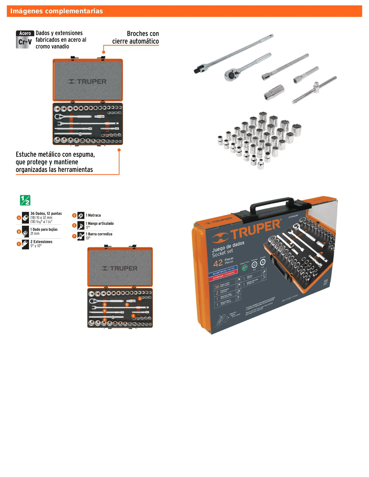 Juego de 42 herramientas mecánicas cuadro 1/2 en estándar y milimétrico