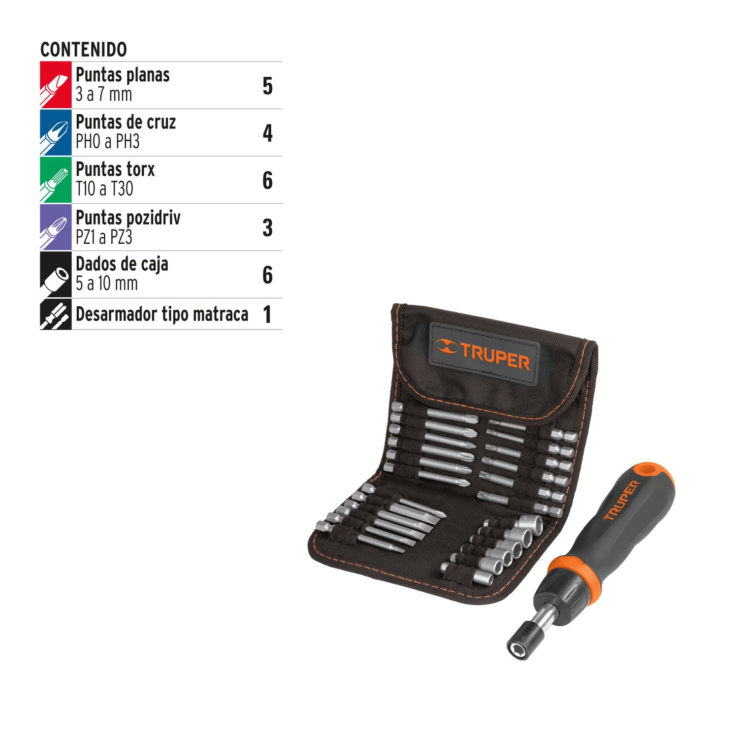 Desarmador tipo matraca con 18 puntas y 6 dados