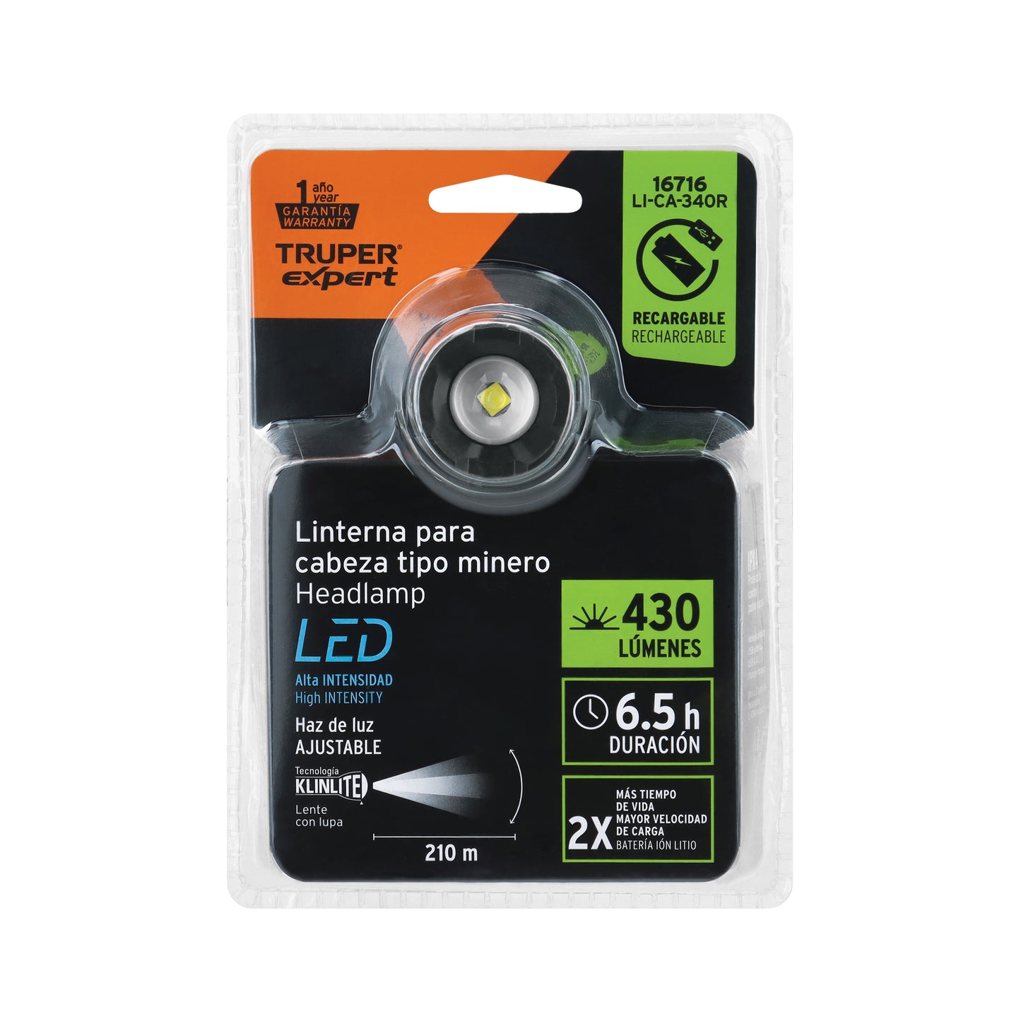 Linterna de minero 1 LED 340 lm recargable