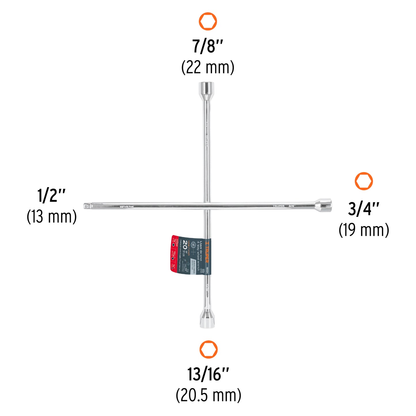 Llave de cruz de 50 cm pulida y cromada con entrada de cuadro de 1/2"