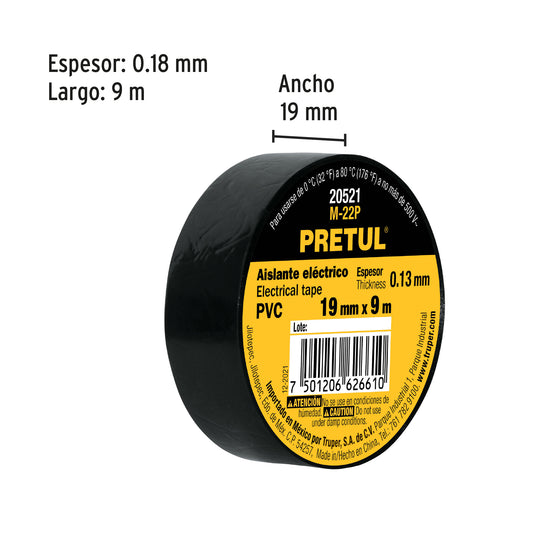 Cinta de aislar de 9 m x 19 mm negra
