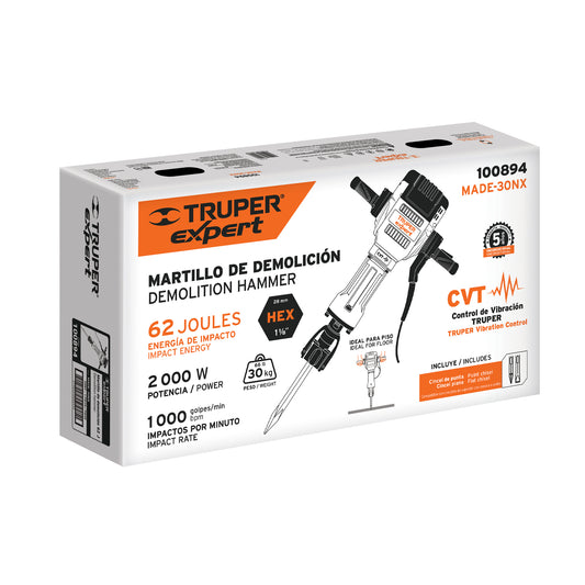 Martillo demoledor HEX 30 kg 62J 2000W - SKU 100894