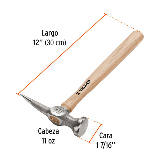 Martillo desabollador de 11 oz con punta larga y mango de madera de 12 pulgadas