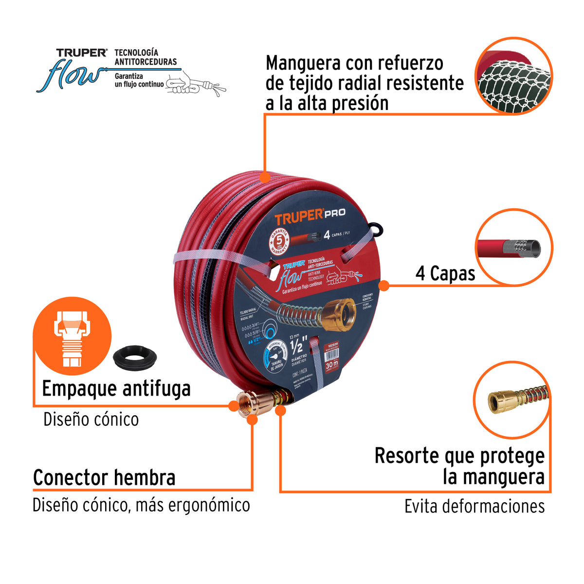 Manguera 1/2" super reforzada 4 capas 30 m conexiones metal · vista 2