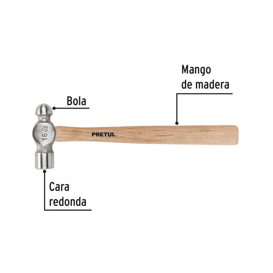 Martillo de bola pulido de 16 oz con mango de madera