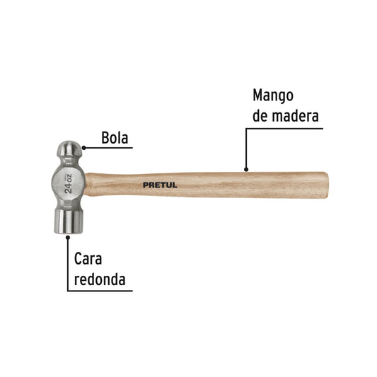 Martillo de bola pulido de 24 oz con mango de madera