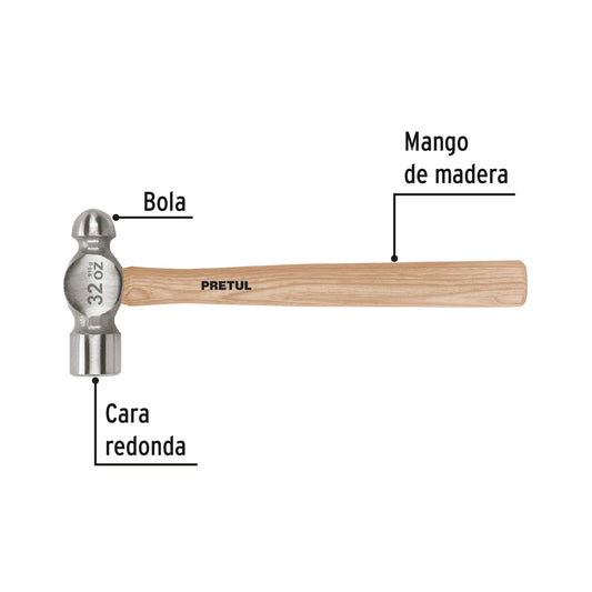 Martillo de bola pulido de 32 oz con mango de madera