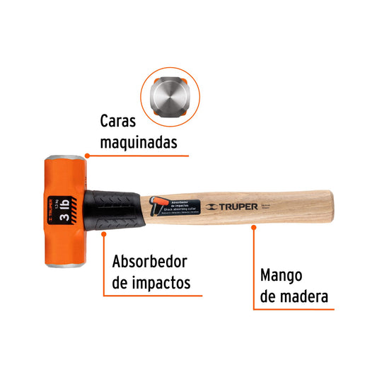 Marro octagonal de 3 libras con mango de madera de 30 cm