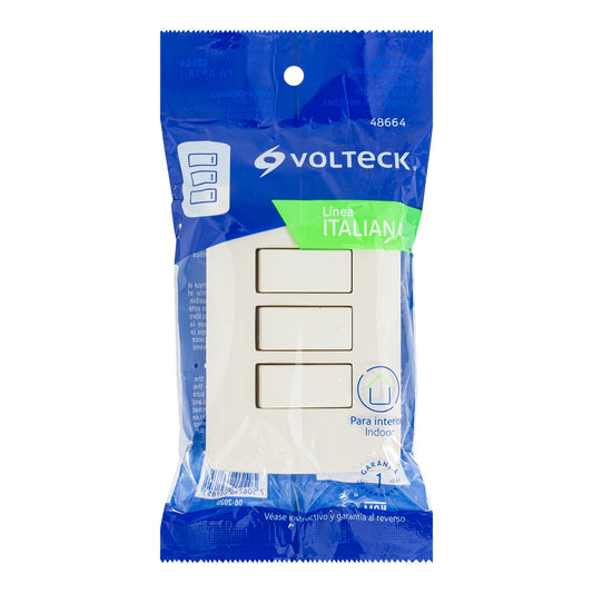 Placa armada con 3 interruptores sencillos de 125 V y 10 A con placa marfil