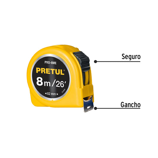 Cinta métrica amarilla de 8 m con cinta de 25 mm en tarjeta