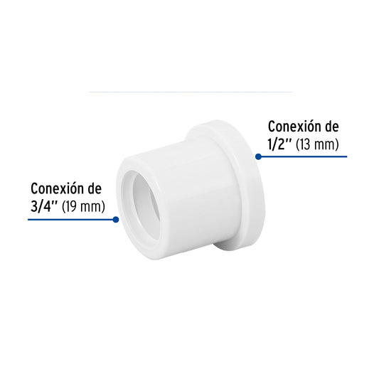 Reducción bushing de PVC cédula 40 de 3/4 a 1/2 pulgada para tubería