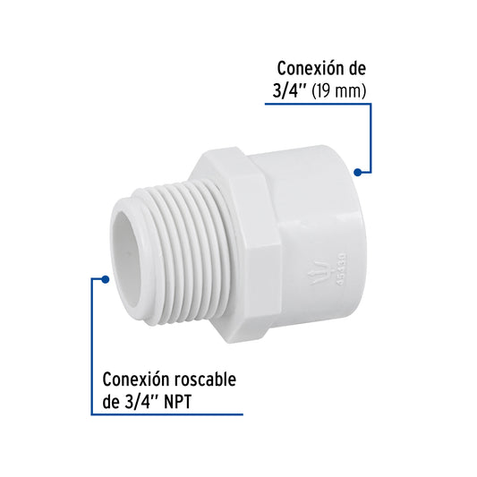 Adaptador macho de PVC cédula 40 de 3/4 pulgada con rosca NPT
