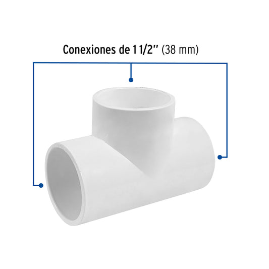 Tee sencilla de PVC cédula 40 de 1 1/2 pulgadas para tubería