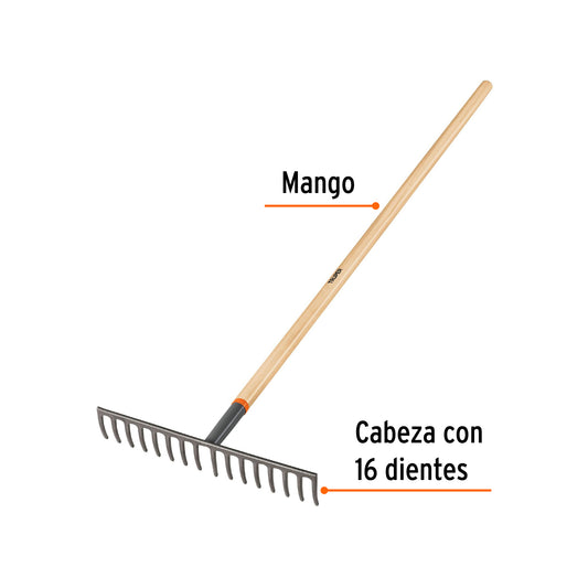 Rastrillo recto de 16 dientes con  mango de 60"