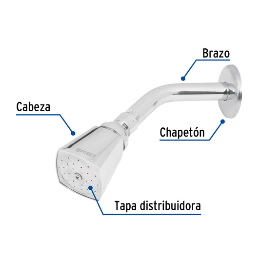 Regadera cuadrada metálica de 2" con brazo y chapetón cromados