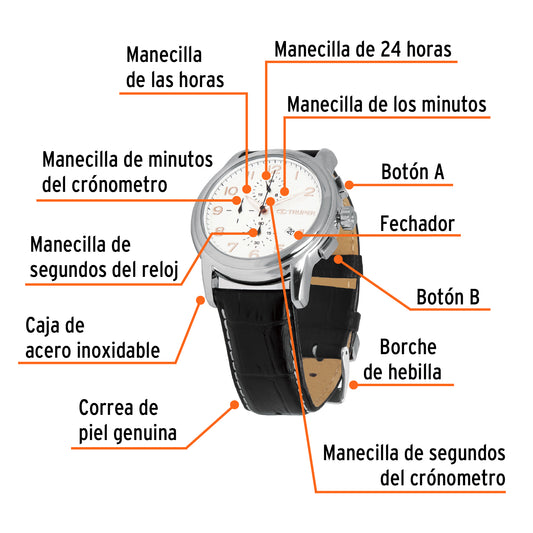 Reloj para caballero con correa de piel y resistencia al agua 50 m