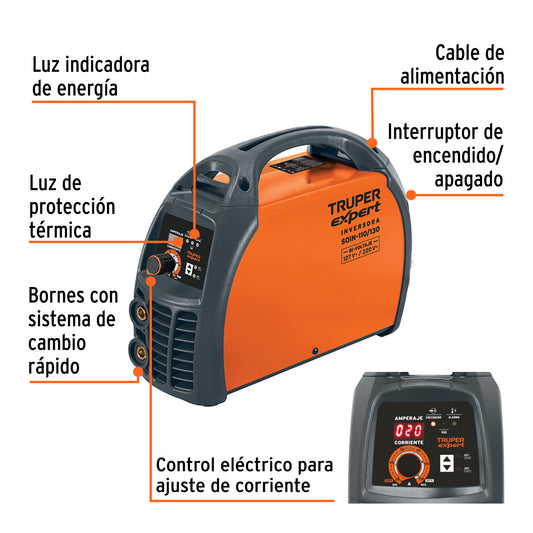 Soldadora inversora de 130 A Bi-voltaje 127/220 V con perilla de ajuste y protección térmica