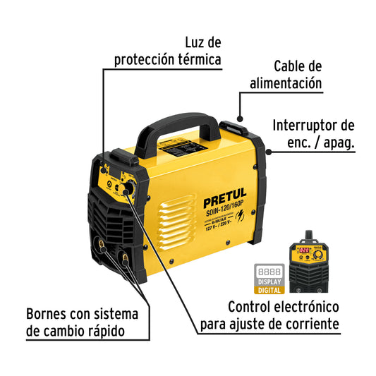 Soldadora inversora de 160 A Bi-voltaje 127/220 V con display digital y función TIG
