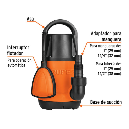 Bomba sumergible plástica de 1 HP para agua limpia con flujo de 208 L/min