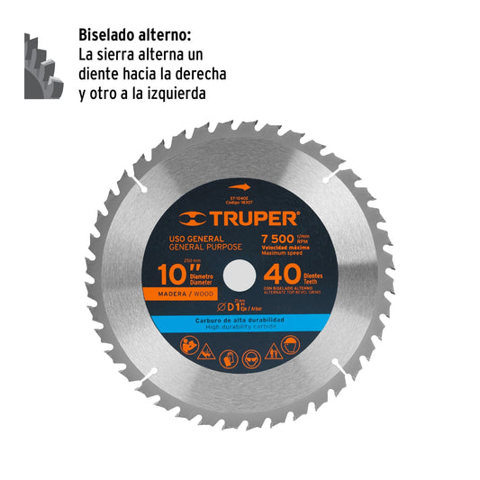 Disco sierra para madera de 10 pulgadas con 40 dientes y centro de 1 pulgada