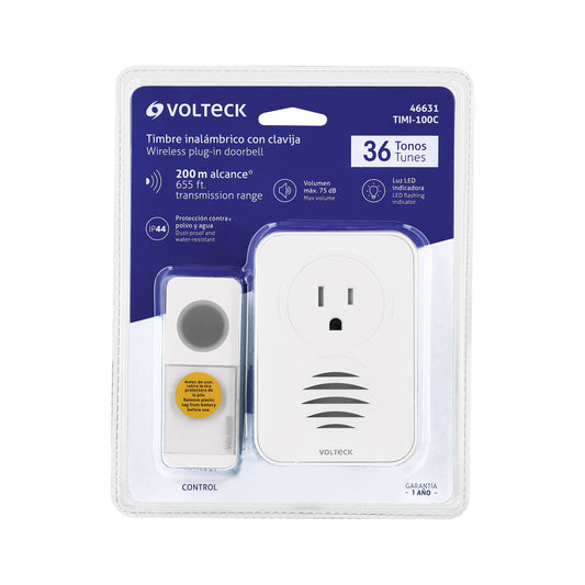 Timbre inalámbrico con receptor para enchufar de 127 V con volumen ajustable