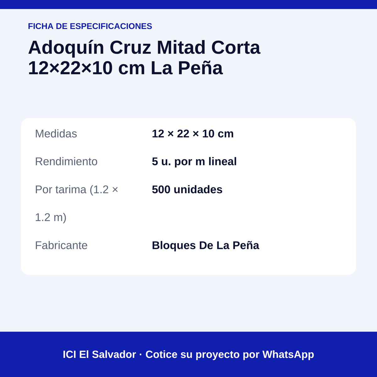 Adoquín cruz mitad corta 12x22x10 cm — tarjeta con medidas, rendimiento y unidades por tarima