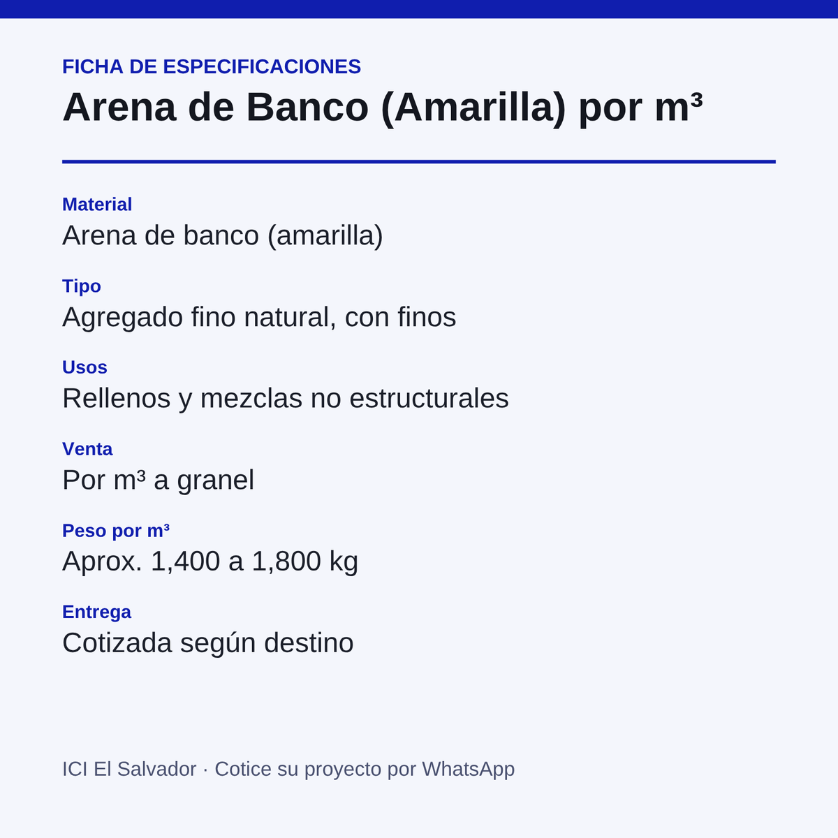Tarjeta de especificaciones de la arena de banco amarilla por m³