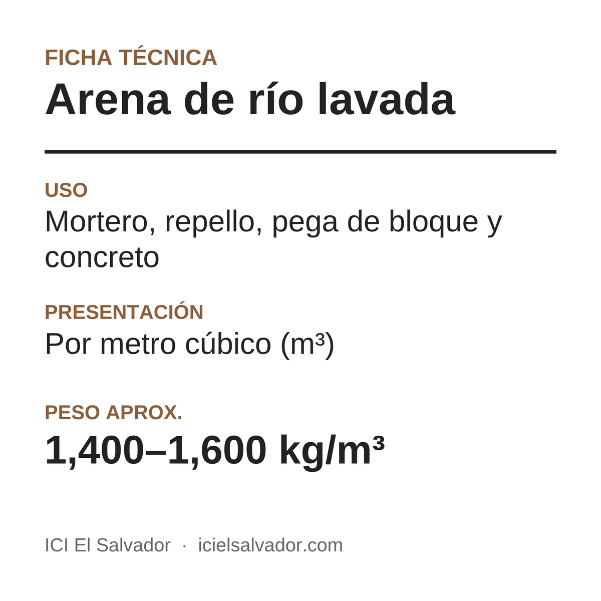 Ficha de especificaciones de la arena de río lavada: uso, presentación por metro cúbico y peso aproximado