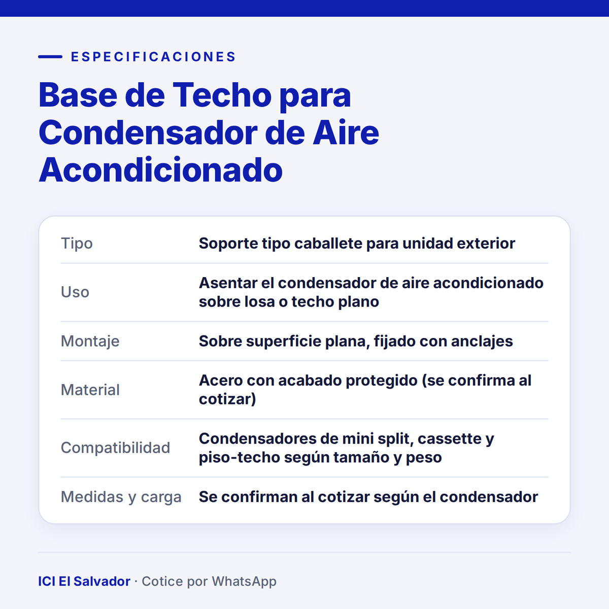 Ficha de especificaciones: base de techo para condensador