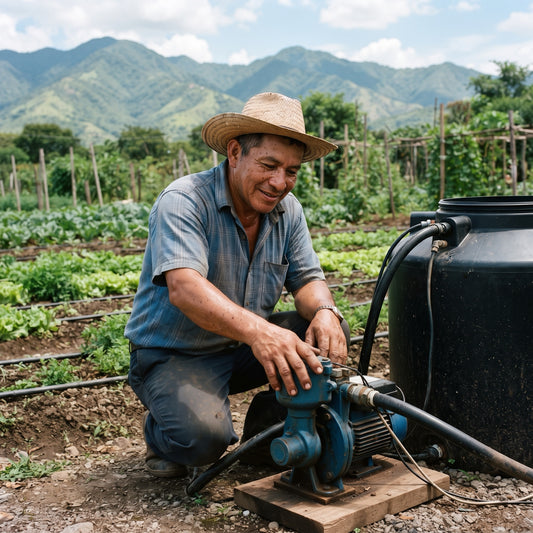 Imagen ilustrativa de uso: un agricultor revisa una bomba periférica conectada a un tanque de agua en su finca