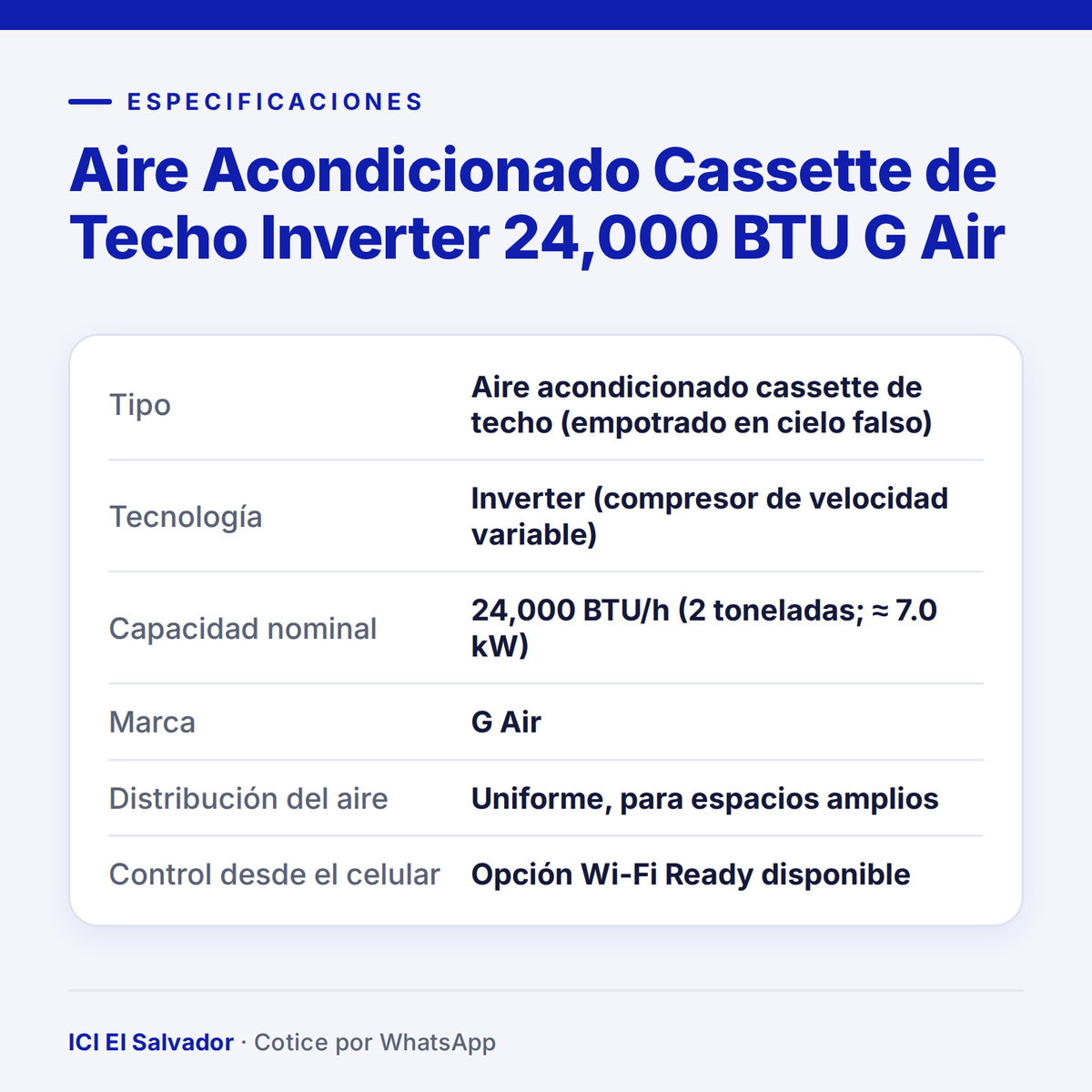 Ficha de especificaciones: cassette de techo inverter G Air 24,000 BTU