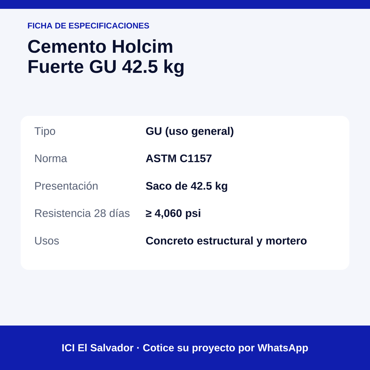 Cemento Holcim Fuerte GU 42.5 kg — tarjeta de especificaciones