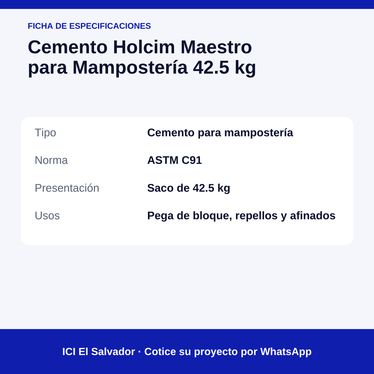 Cemento para mampostería Holcim Maestro 42.5 kg — tarjeta de especificaciones
