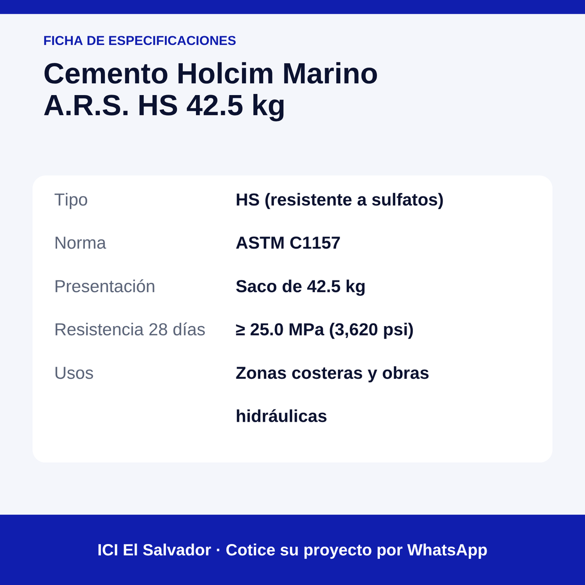 Cemento Holcim Marino A.R.S. HS 42.5 kg — tarjeta de especificaciones