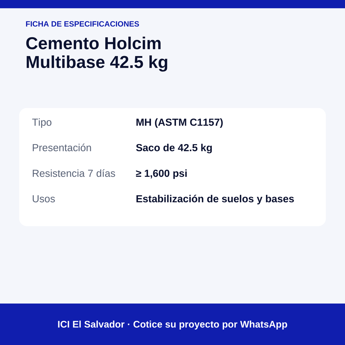 Cemento Holcim Multibase MH 42.5 kg — tarjeta de especificaciones
