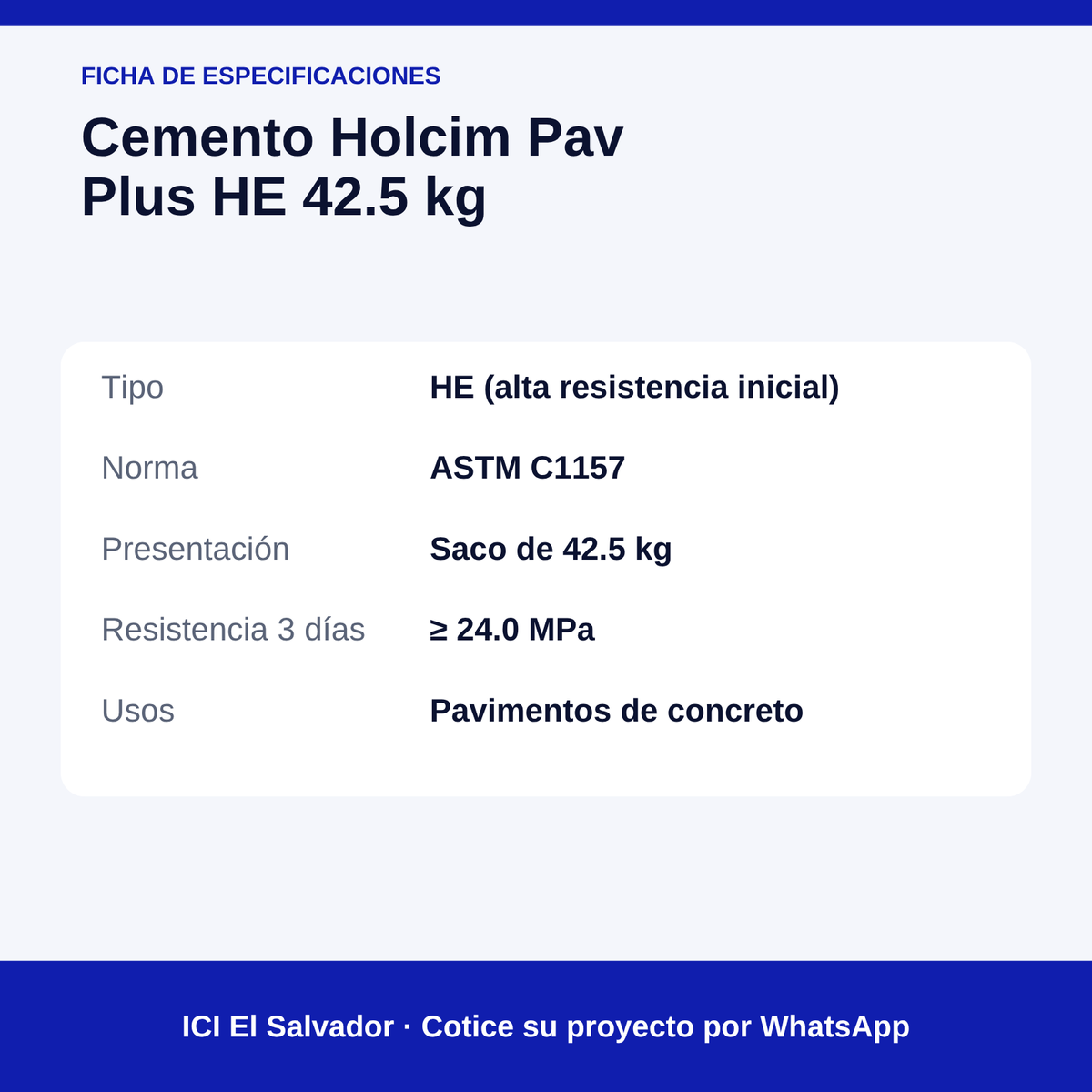 Cemento Holcim Pav Plus HE 42.5 kg — tarjeta de especificaciones