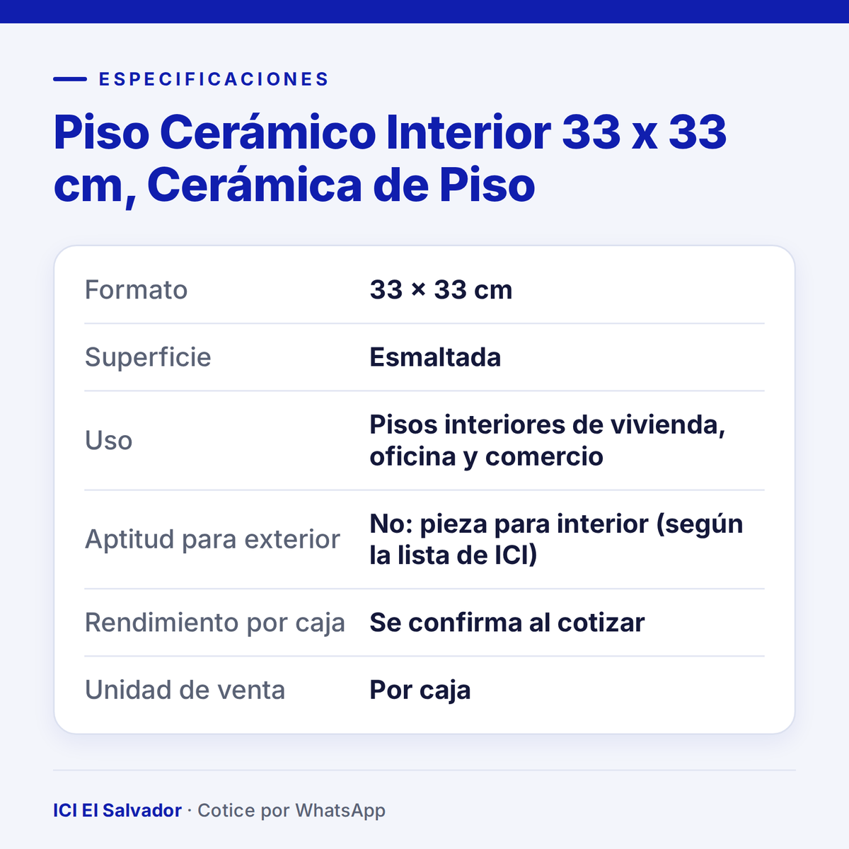 Piso Cerámico Interior 33 x 33 cm — tarjeta de especificaciones