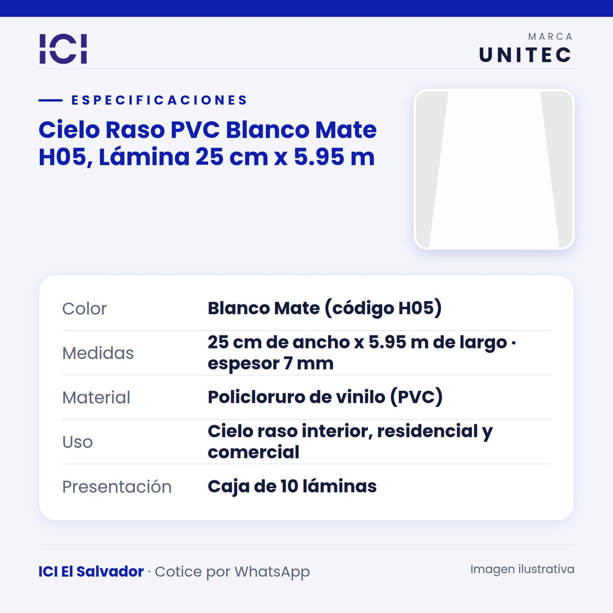 Ficha de especificaciones de Cielo Raso PVC Blanco Mate H05