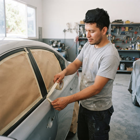 Imagen ilustrativa de uso: un hombre enmascara las molduras de un auto con cinta masking en un taller de pintura
