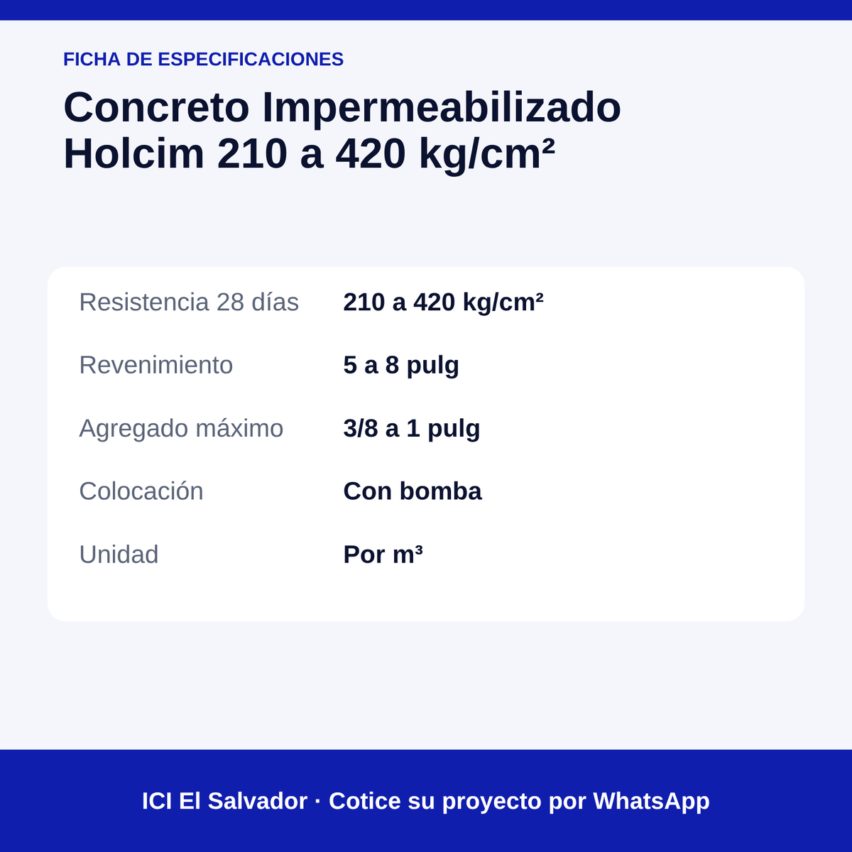 Concreto impermeabilizado Holcim 210 a 420 kg/cm² — tarjeta de especificaciones