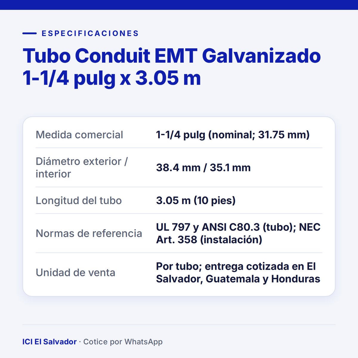 Tubo conduit EMT galvanizado 1-1/4 pulg — tarjeta de especificaciones
