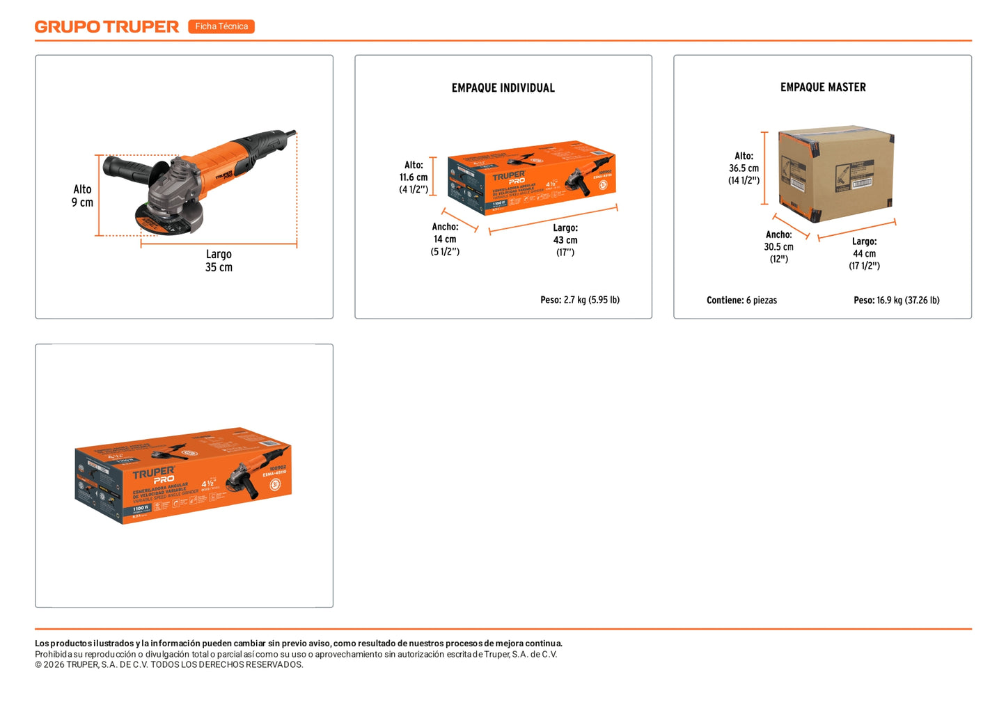 Esmeriladora angular de 1100 W ycon velocidad variable y uso continuo
