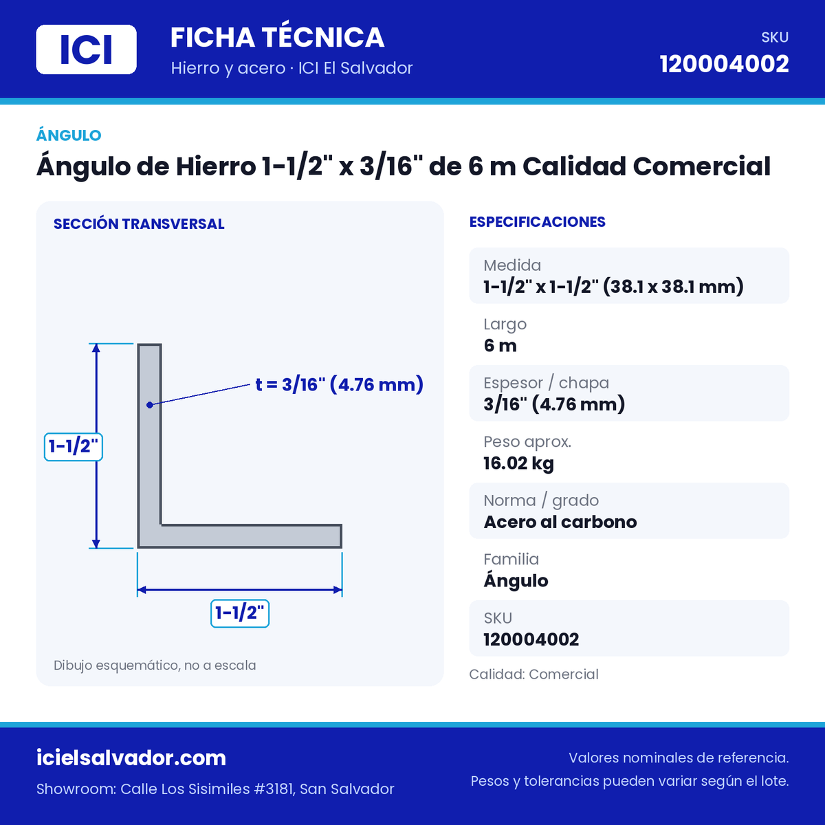 Ficha técnica Ángulo de Hierro 1-1/2" x 3/16" de 6 m Calidad Comercial – ICI El Salvador