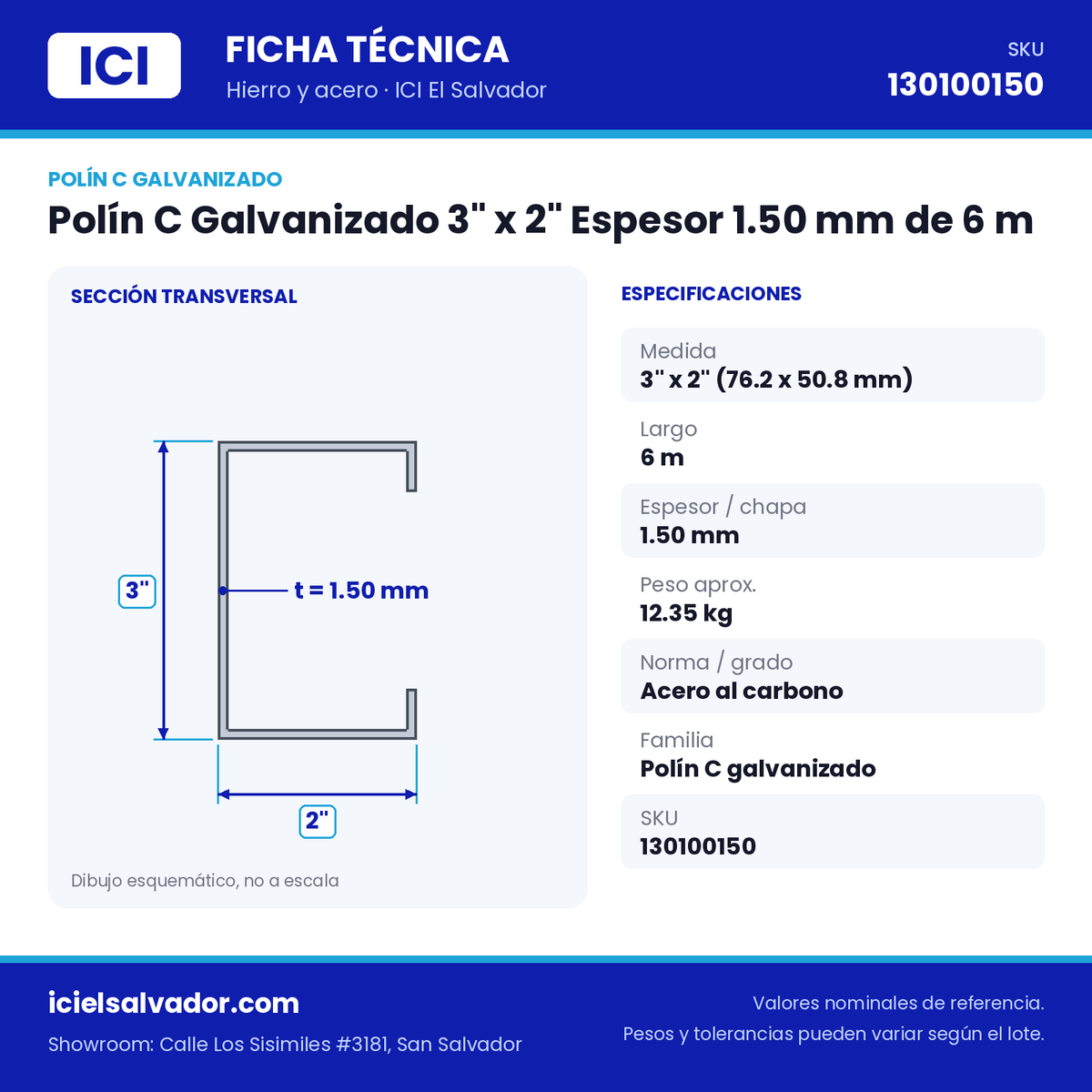 Ficha técnica Polín C Galvanizado 3" x 2" Espesor 1.50 mm de 6 m – ICI El Salvador